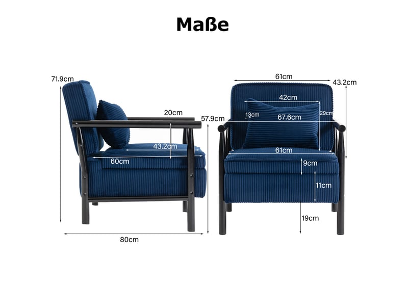  Fauteuil de salon moderne 80x61x72cm - coffre de rangement intégré, coussin lombaire amovible et structure en bois massif - velours côtelé - bleu  - Conforama C