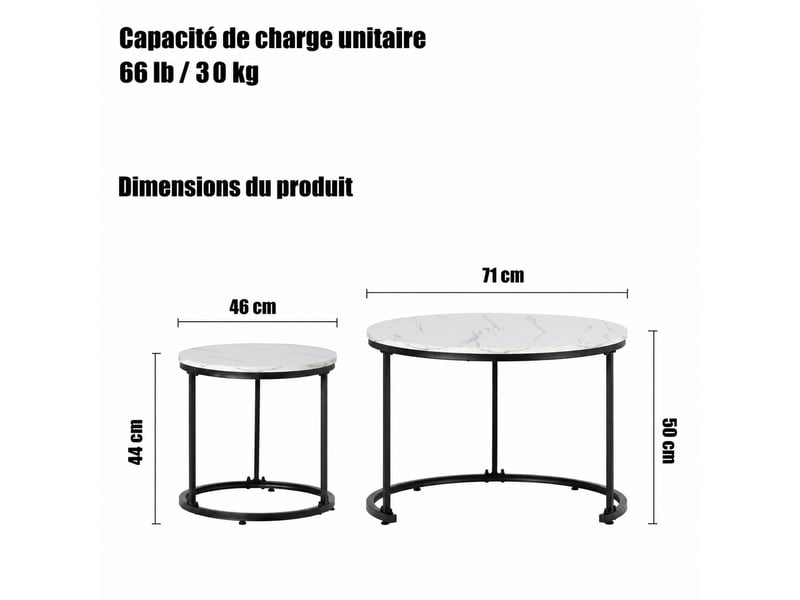 Lot de 2 tables basses rondes gigognes, plateaux mdf et structure métal, effet marbre blanc - Conforama E