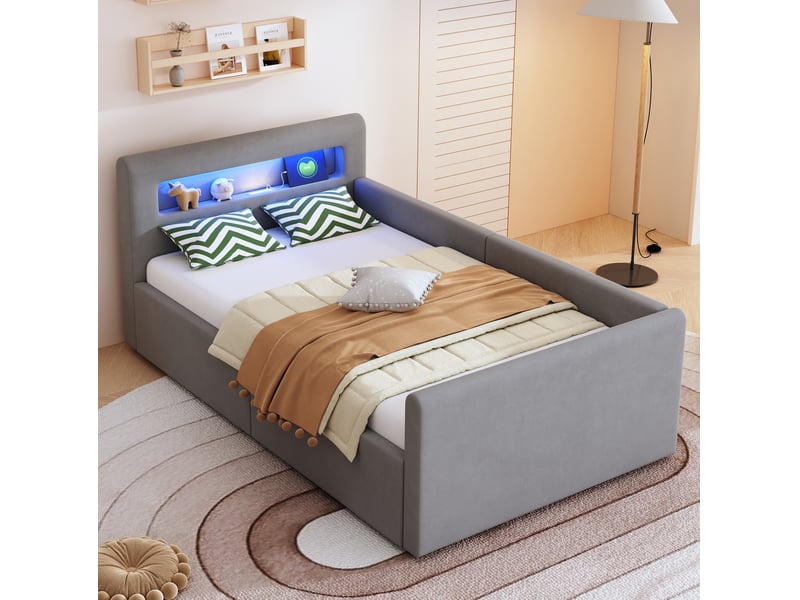  Lit coffre enfant 90x200 cm avec led et usb gris clair  - Conforama B