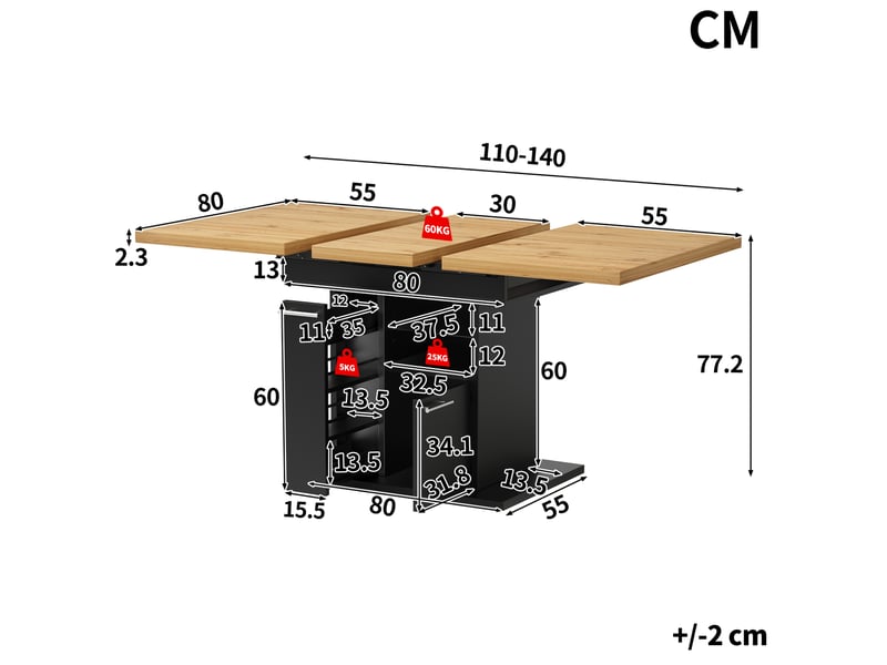  Table à manger extensible, 110-140x80x77,2 cm, avec espace de rangement led et tablettes, mdf et verre, coloris noir  - Conforama C