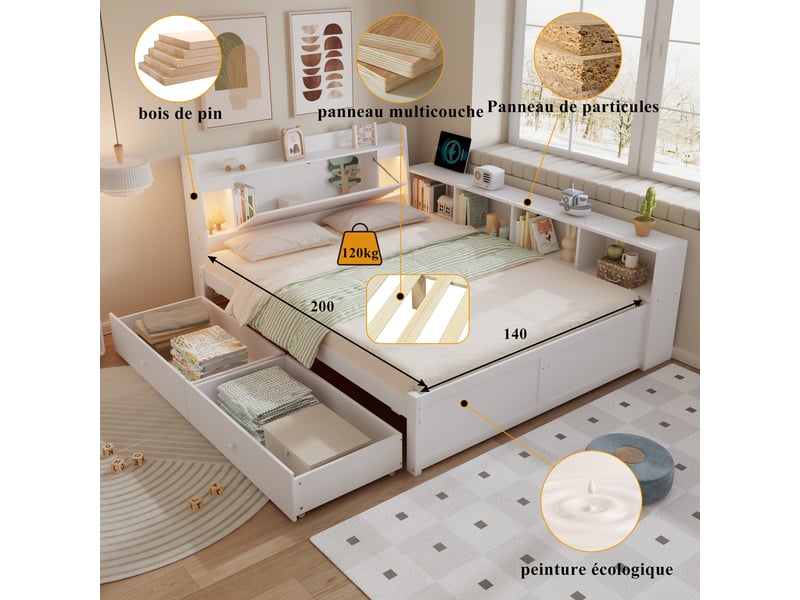  Lit double pour chambre, chevet avec niche, deux luminaires et port usb, 140x200cm, blanc, bois et mdf  - Conforama C