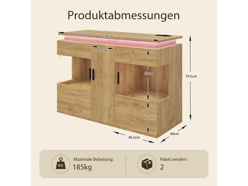 Buffet de rangement avec 3 portes, led et station de charge usb-c pour salon et salle à manger en bois chêne clair - Conforama C
