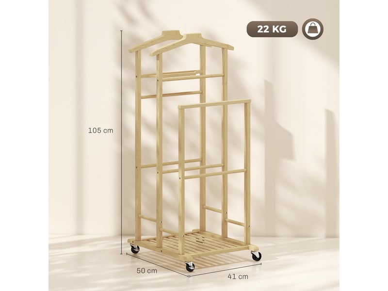 Valet de chambre à roulettes, portant à vêtements en bambou, cintres, barres de suspension, chêne, plateau et étagère - Conforama C