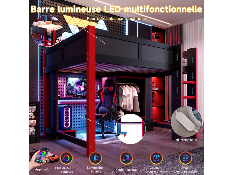  Lit mezzanine gaming noir et rouge 140x200 cm, led, bureau, armoire et tiroirs  - Conforama B