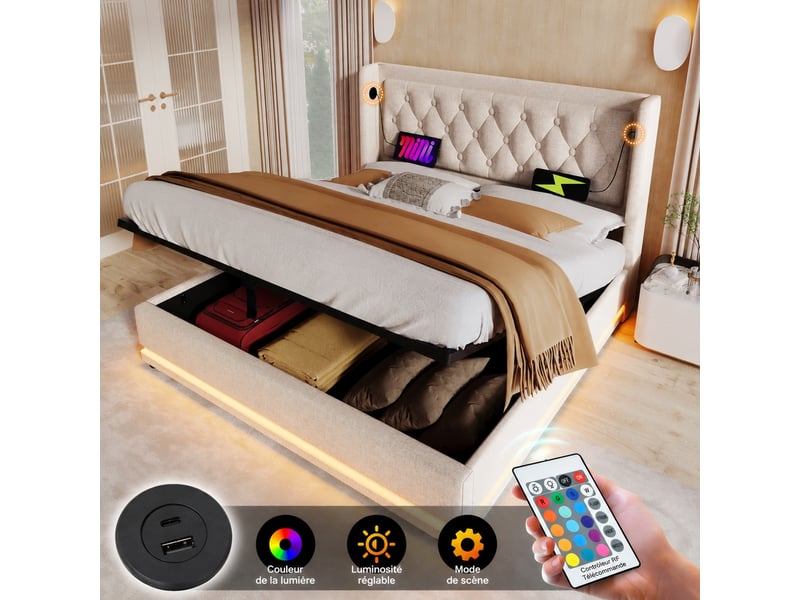  Lit coffre hydraulique 180 x 200 cm, coton beige, tête capitonnée, led et usb type-c  - Conforama D