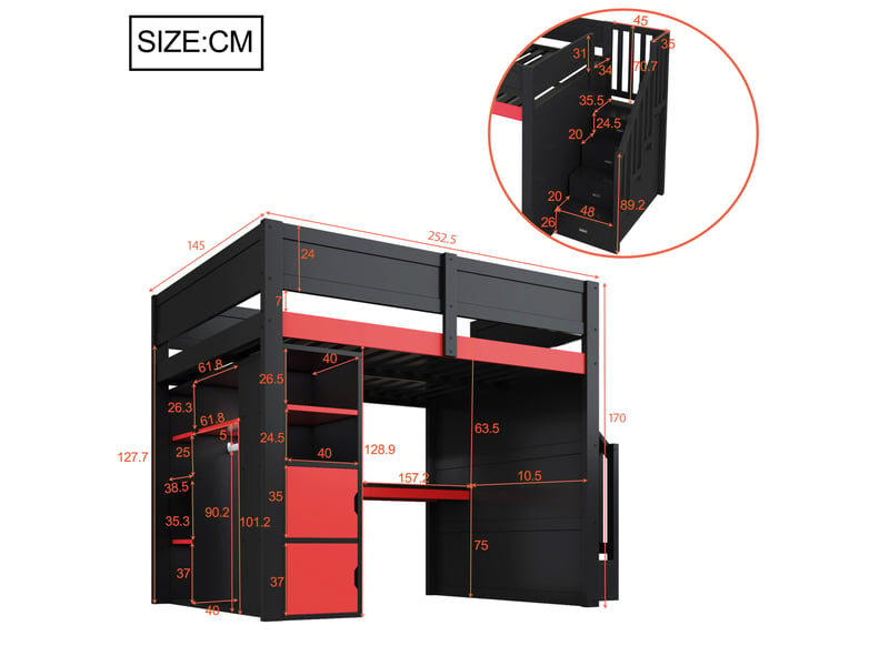 Lit mezzanine 140 x 200 cm, lit enfant surélevé, placard intégré, bureau intégré, étagères ouvertes, éclairage led, échelle, contreplaqué, noir Morn Vibe - Conforama C