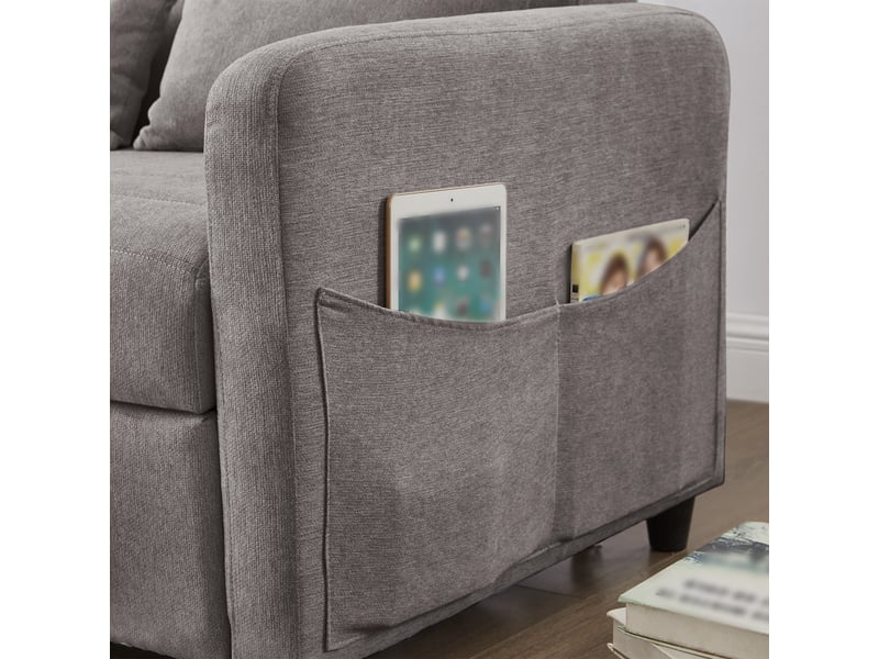  Canapé convertible 2 places gris en tissu coton lin, dossier réglable 3 positions, avec 2 coussins, adapté pour salon et petit espace.  - Conforama R