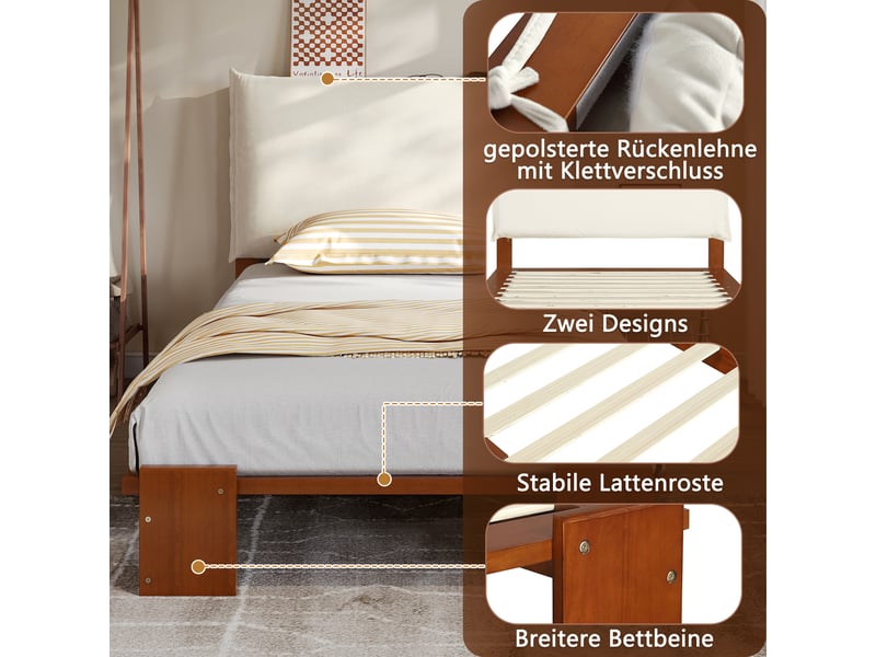  Lit simple 90x200 cm avec tête de lit en pin, cadre de lit adulte avec sommier lattes, lit 2 personnes, brun foncé, lit enfant  - Conforama W