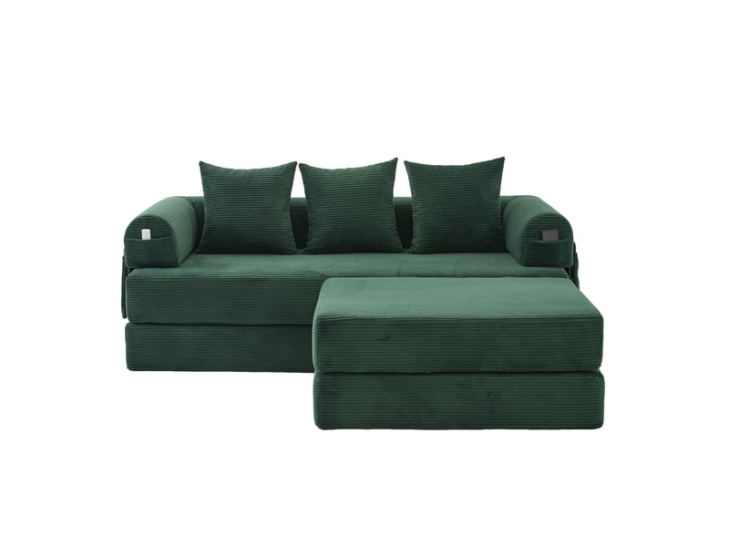  Canapé d'angle convertible modulable en velours côtelé vert émeraude avec pouf et 3 coussins  - Conforama A