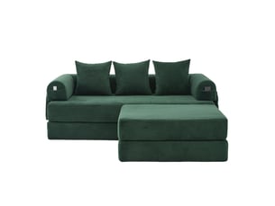 Canapé d'angle convertible modulable en velours côtelé vert émeraude avec pouf et 3 coussins