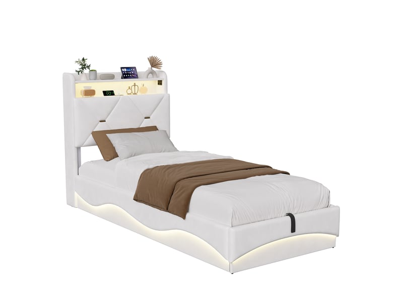  Lit coffre 90x200cm avec éclairage led et port de chargement, design ondulé, beige  - Conforama A
