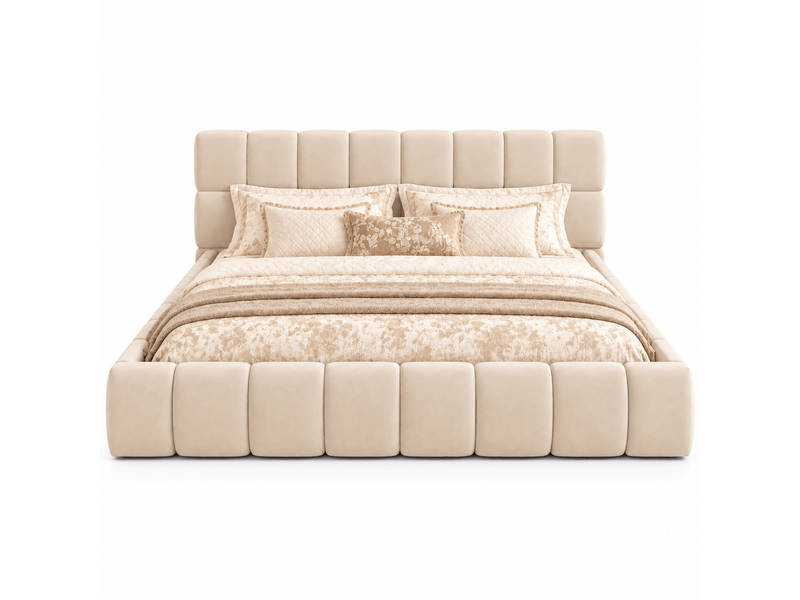 Lit double rembourré 160x200 cm avec tête de lit épaisse et côtés capitonnés, cadre à matelas encastré, sommier à lattes, velours beige, charge 300 kg  - Conforama D