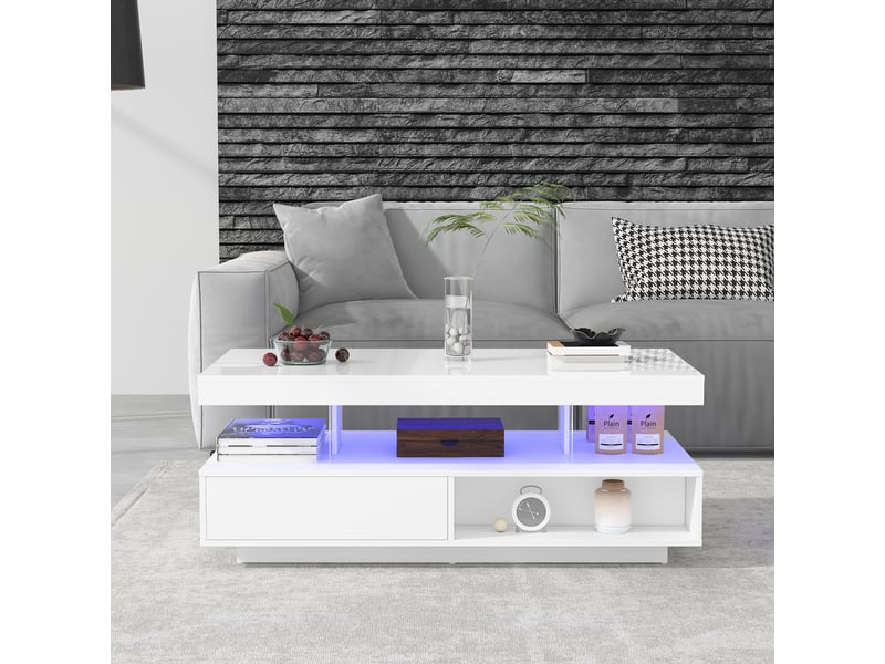  Table basse blanche brillante 95x50 cm avec led intelligente, table de salon avec 2 tiroirs et 4 inserts en verre  - Conforama W