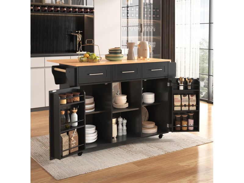  Desserte de cuisine 139 x 46(71) cm avec plateau rabattable, noire et décor bois  - Conforama E