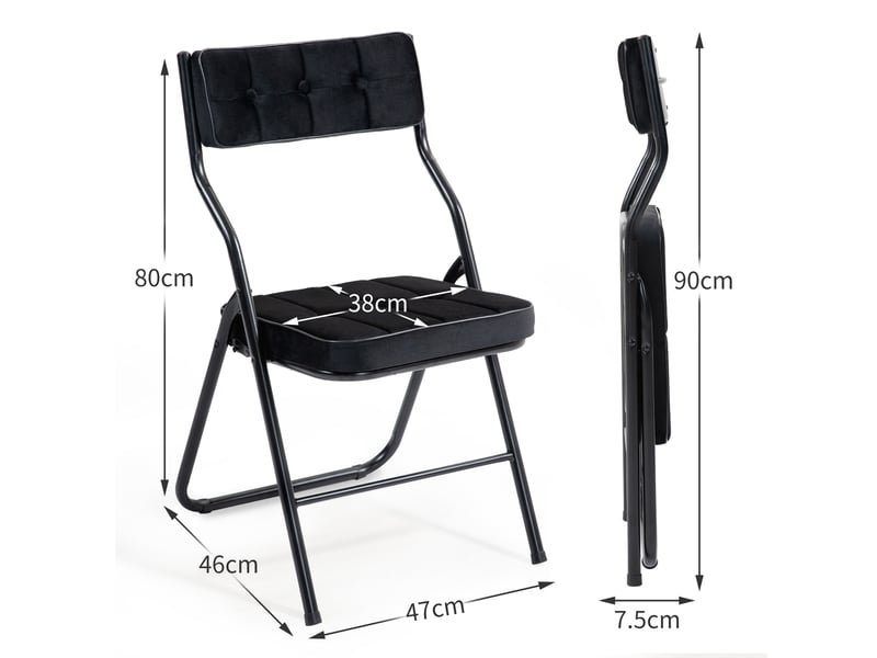  Chaises pliantes lot de 2 avec assise et dossier rembourrés  - pliage compact, acier, velours noir  - Conforama D