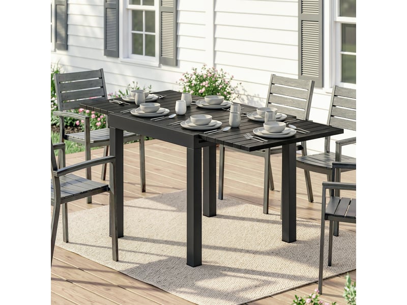  Table de jardin extensible pour 4-6 personnes avec rallonge auto-stockée aluminium avec effet bois 80-160 x 80 cm noir  - Conforama D