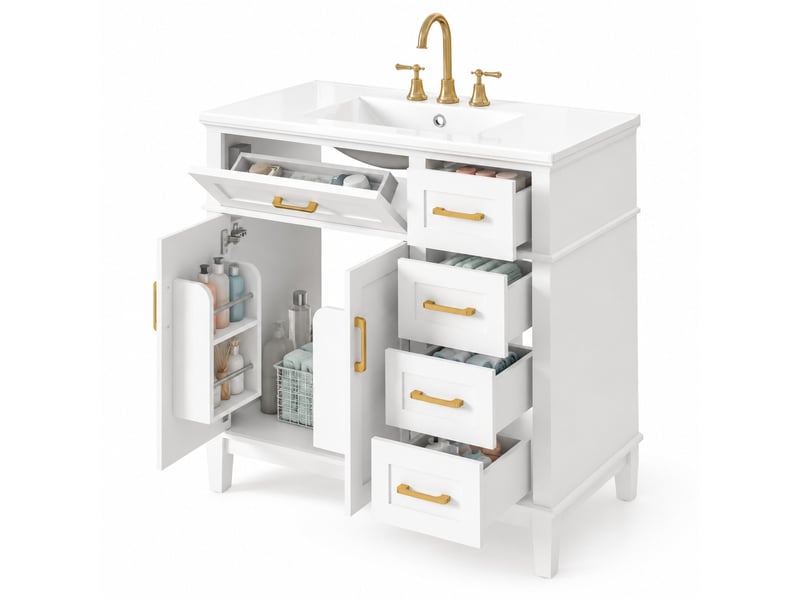  Meuble sous vasque sur pieds 90 cm avec 5 tiroirs et 2 portes - lpospi - vasque céramique, mdf blanc 90 × 46 × 87 cm  - Conforama A