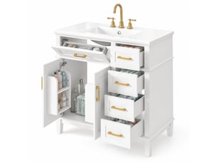 Meuble sous vasque sur pieds 90 cm avec 5 tiroirs et 2 portes - vasque céramique, mdf blanc 90 × 46 × 87 cm