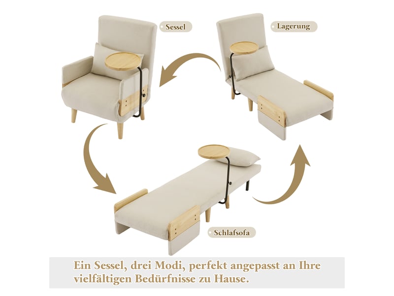  Fauteuil convertible 3-en-1, moderne, avec fonction lit, plateau en bois, fauteuil rembourré pour salon et bureau  - Conforama D