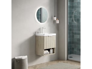 Meuble sous vasque mural avec 2 portes et étagère ouverte, vasque en céramique, salle de bain, 49×39×61 cm