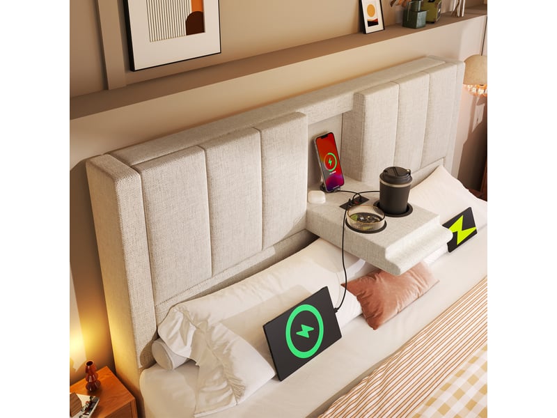 Lit coffre ulevr 160x200 cm avec matelas, recharge usb et type-c, porte-gobelets dissimulés, sommier à lattes, lin beige  - Conforama E