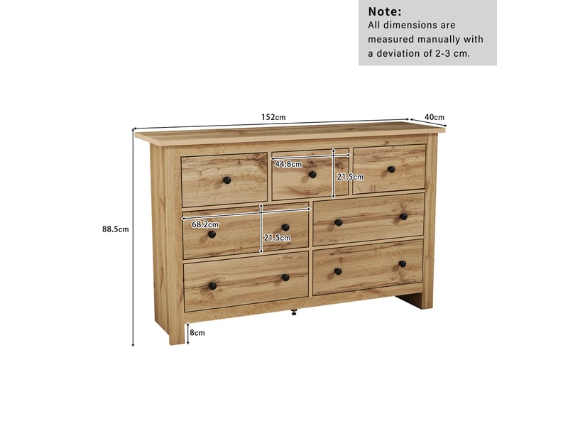  Commode 152x40x88,5 cm avec 7 tiroirs, design à motif bois et espace de rangement, panneaux de particules, couleur bois  - Conforama D