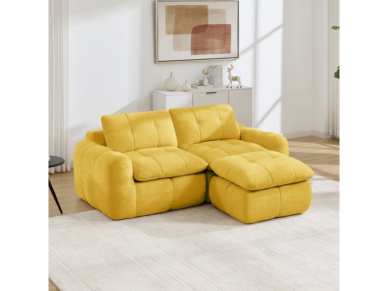  Canapé 2 places - 194 x 160 x 68 cm - canapé modulable en l en chenille avec 1 pouf amovible et coussins - jaune  - Conforama B