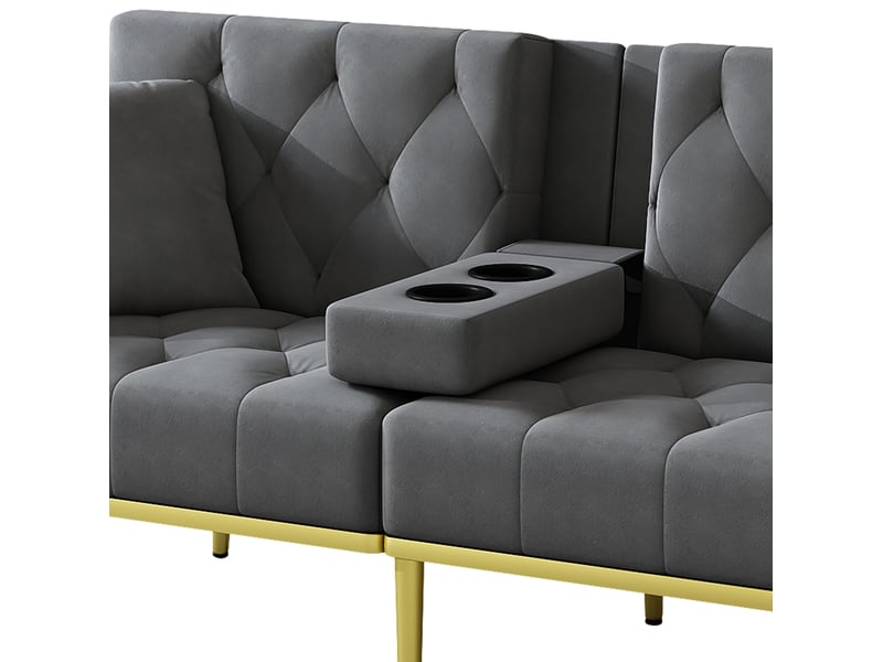  Canapé-lit 2 places 175x80x73,5cm dossier 3 positions 108°-135°-180° porte-gobelet pieds dorés velours gris  - Conforama R