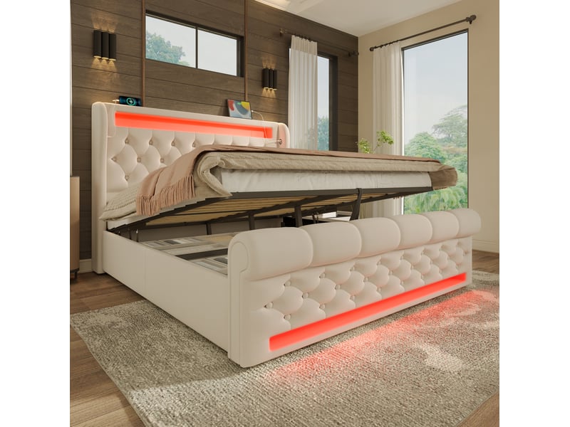  Lit double 160 x 200 cm beige en velours avec led, charge usbtype-c et matelas  - Conforama C