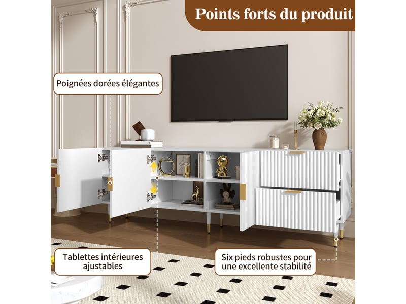  Meuble tv avec tiroirs, poignées et pieds dorés, pieds réglables, portes avec étagères, blanc  - Conforama E