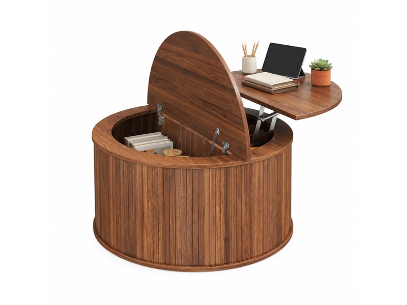  Table basse ronde avec plateau relevable et rangement, mdf décor noyer  - Conforama A