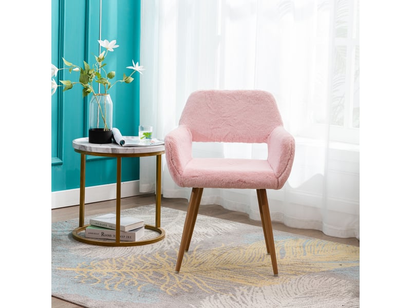  Chaise de salle à manger mid-century en fausse fourrure avec accoudoirs et pieds en acier imitation bois, 59x46x79 cm  - Conforama C