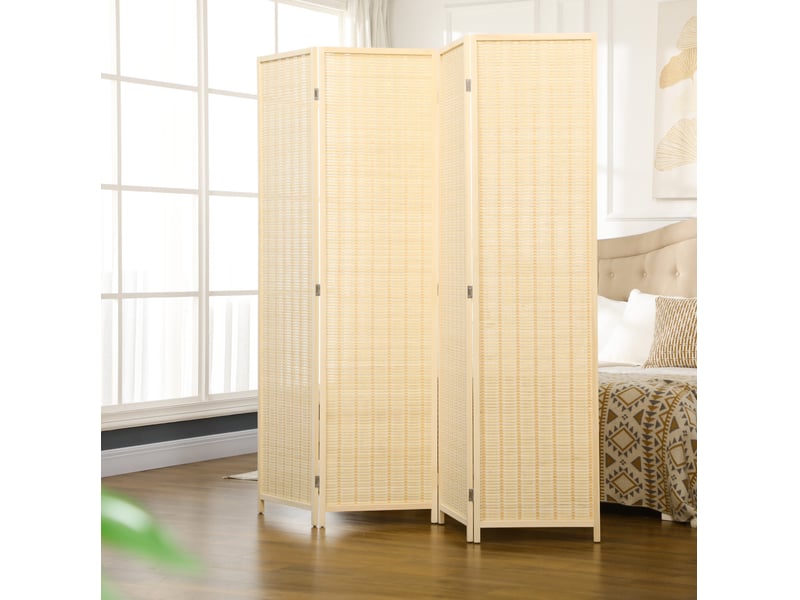 Paravent 4 panneaux pliable en bambou et coton avec cadre en bois naturel, séparation intérieure 180 × 180 cm - Conforama B