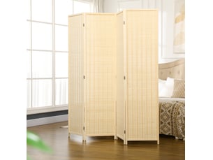 Paravent 4 panneaux pliable en bambou et coton avec cadre en bois naturel, séparation intérieure 180 × 180 cm