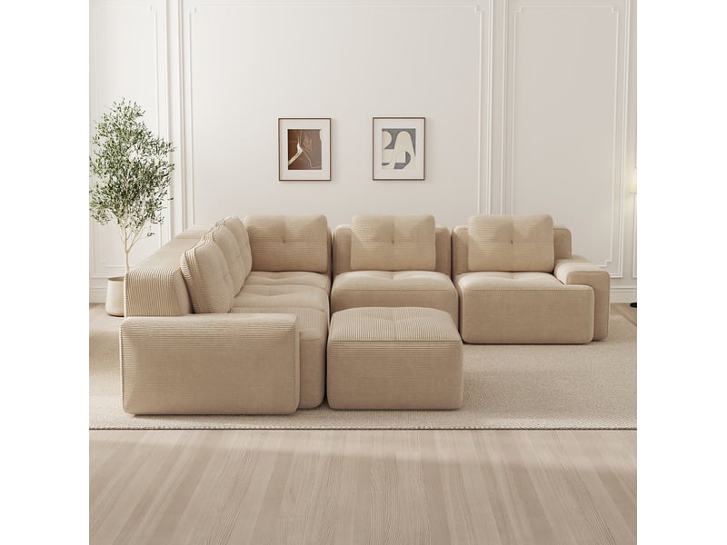  Canapé d’angle modulable 5 places en velours côtelé beige 295x295 cm  - Conforama D