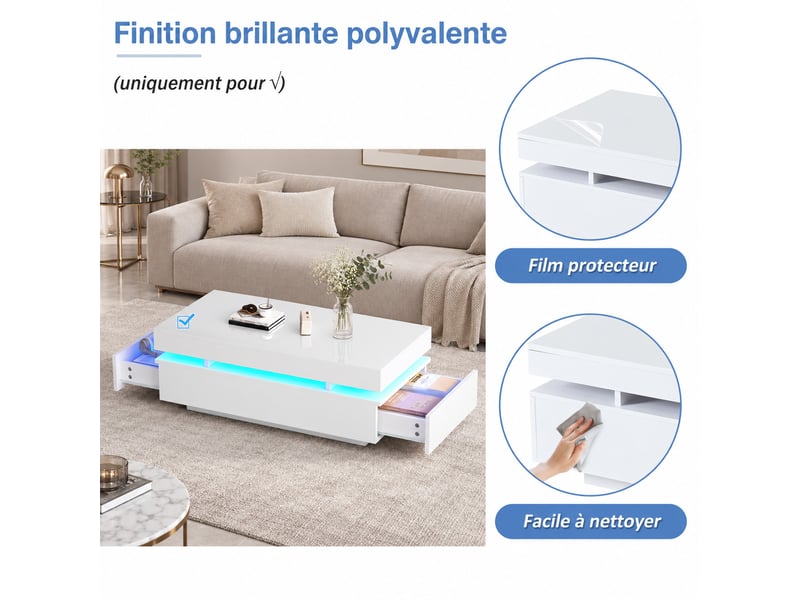  Table basse led blanche avec 2 tiroirs, finition brillante et éclairage d’ambiance, 100x50x35 cm  - Conforama B