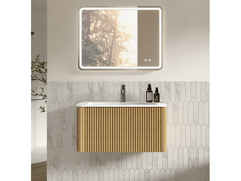  Meuble sous vasque suspendu avec miroir led 80 x 60 cm, bois clair et vasque en pierre de synthèse pour salle de bains  - Conforama B