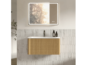 Meuble sous vasque suspendu avec miroir led 80 x 60 cm, bois clair et vasque en pierre de synthèse pour salle de bains