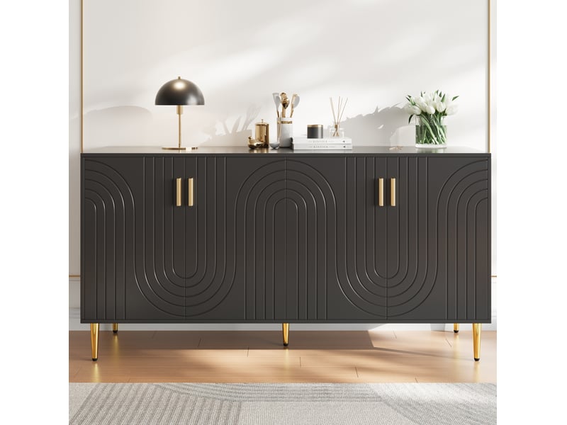 Buffet modenvie 152 x 40 x 75 cm noir en mdf, 4 portes, 2 tiroirs, design ondulé avec poignées et pieds dorés, style moderne - Conforama D