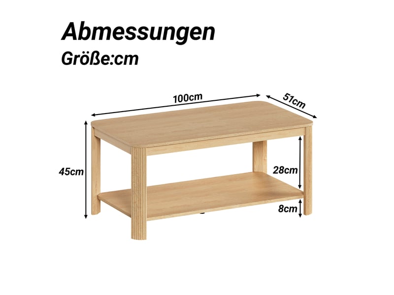  Table basse rectangulaire 100x50 cm – naturel – double niveau de rangement ouvert et pieds striés design  - Conforama C