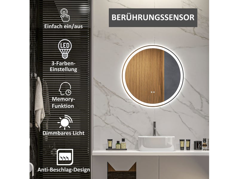  Miroir lumineux de salle de bain rond avec commande tactile, antibuée, cadre en aluminium blanc ø 60 cm  - Conforama E