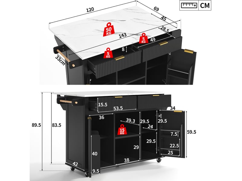  Île de cuisine sur roulettes 143 x 45 cm avec plaque de travail pliante, chariot de cuisine avec 2 tiroirs, 2 portes, étagères à épices et porte-serviettes, placard de cuisine mobile noir  - Conforama C