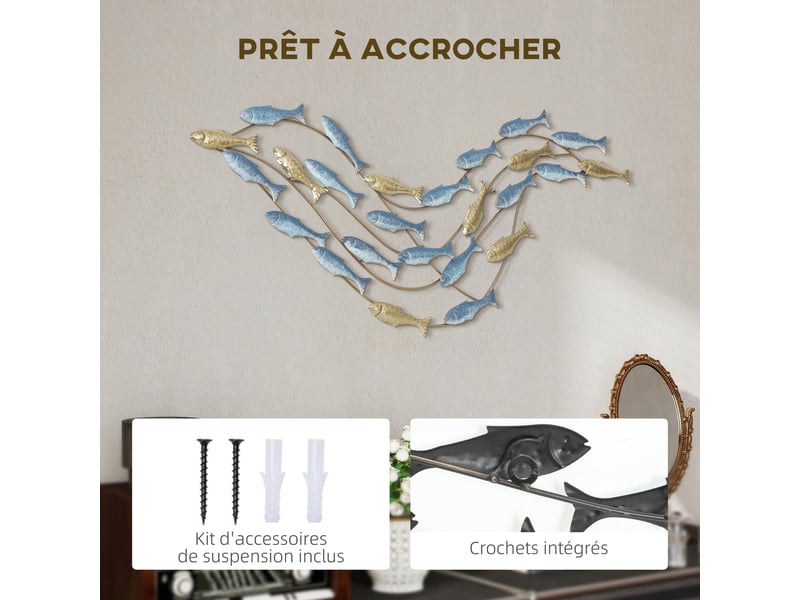  Décoration murale en métal moderne, sculpture murale en métal avec motif de poisson unique, bleu clair, 100 x 50 cm  - Conforama E