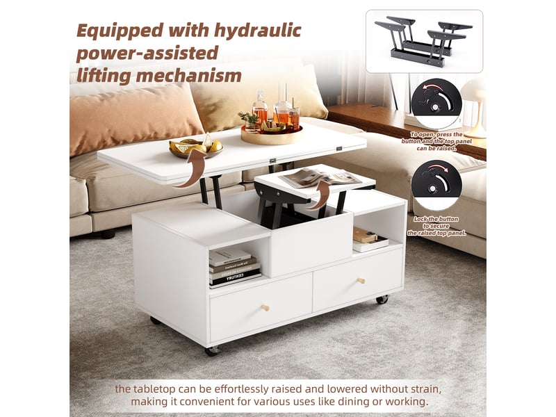  Table basse, à plateau relevable, avec 4 tiroirs, 100 x 50 x h 47,5–62 cm, blanc, structure en mdf, style moderne, plateau pliant, roulettes Luxe haut de gamme - Conforama D
