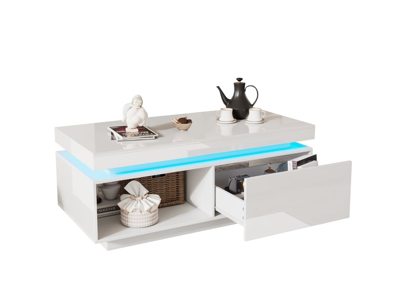  Table basse blanche brillante 100x50 cm, table de salon avec led intégrées, tiroir de rangement, charge 50 kg  - Conforama A