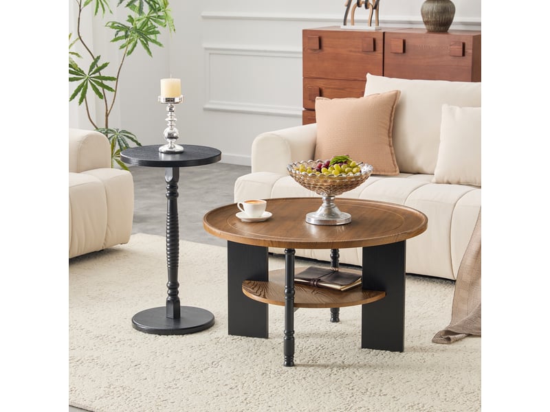  Lot de 2 tables basses rondes, table basse 80 cm avec rangement et bout de canapé 38 cm, mdf noyer et noir, pour le salon et la chambre.  - Conforama D
