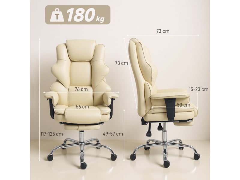  Chaise de bureau avec repose-pieds et appuie-tête intégré, similicuir, inclinable, crème  - Conforama E