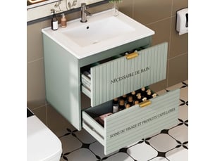 Meuble vasque suspendu vert menthe 61 cm avec 2 tiroirs et lavabo intégré