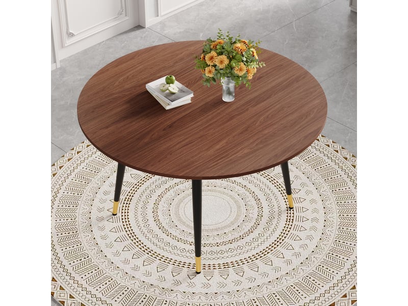  Table à manger extensible, table ronde à ovale, table salon design, plateau mdf, finition noyer, pieds métal dorés  - Conforama B