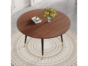 Table à manger extensible, table ronde à ovale, table salon design, plateau mdf, finition noyer, pieds métal dorés